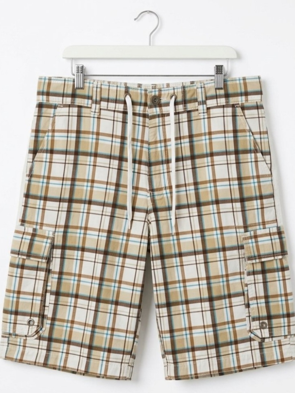 Mossimo Supply Co. Plaid Cargo Shorts in White, Brown and Tan